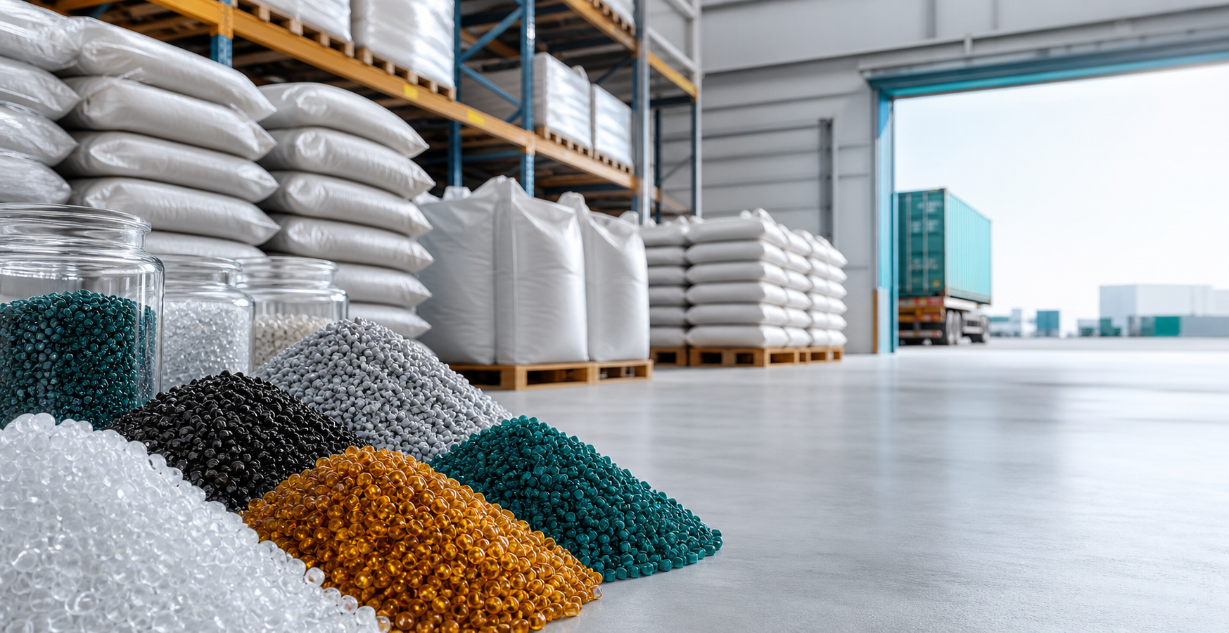 Polymer granules with export-ready bags and pallets in a clean warehouse